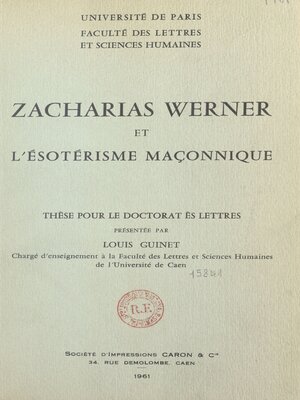 cover image of Zacharias Werner et l'ésotérisme maçonnique